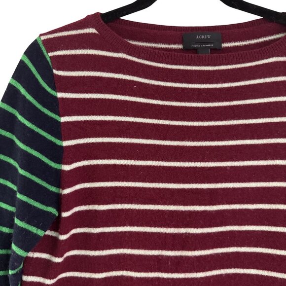 J. Crew Womens Burgundy/Green Cashmere 3/4 Sleeve Striped Round Neck Size S - Picture 3 of 7